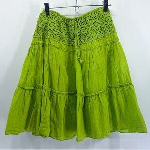 Handmade Lime Green Boho Fairy Tiered Mini Skirt Crochet Waist & Drawstring